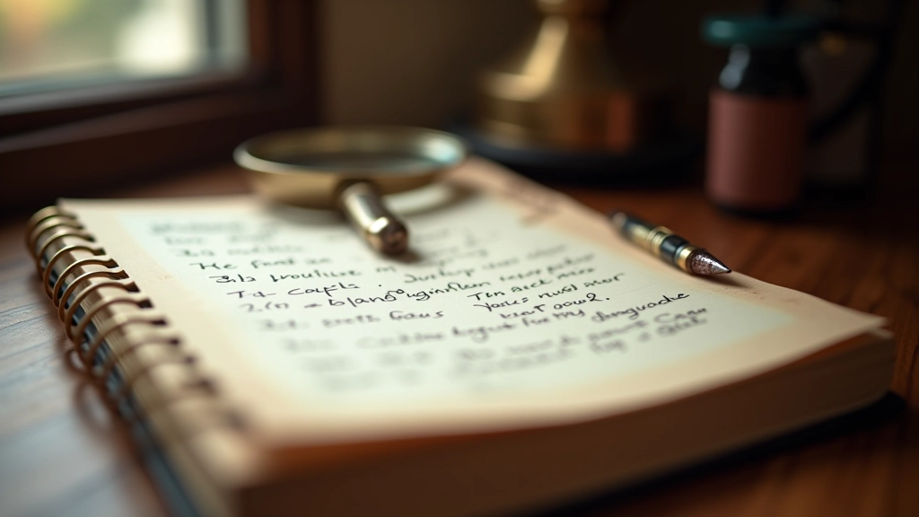 Detective notebook with handwritten clues and magnifying glass on desk