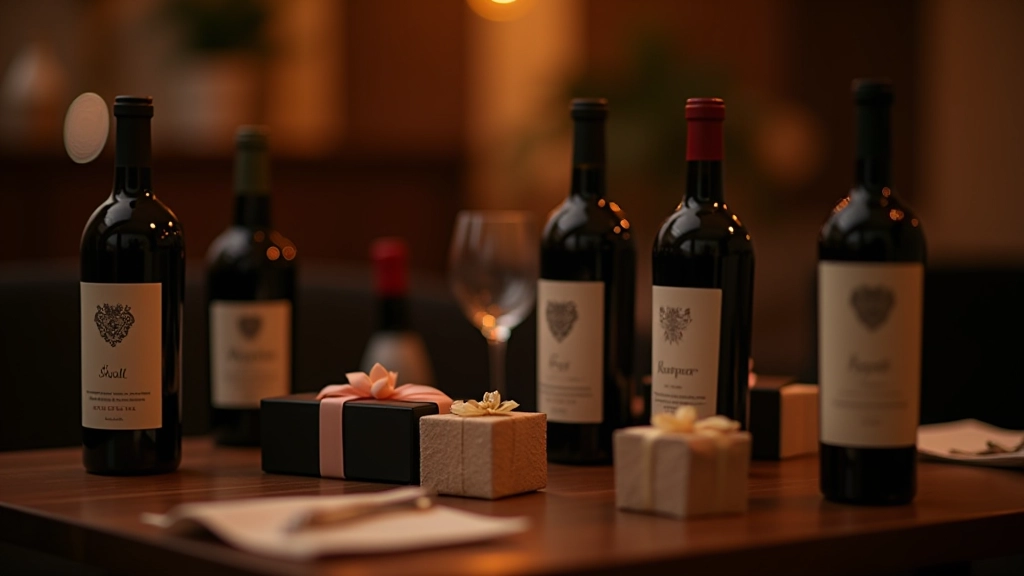 Prize table with wine bottles and mystery-themed gifts displayed for competition winners